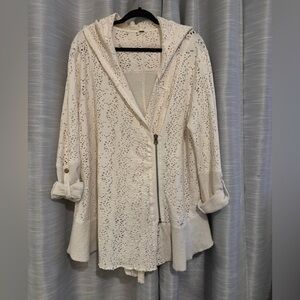 Free People Hooded Lace Cardigan Jacket Asymmetrical Zip Roll Tab Sleeve Cream M